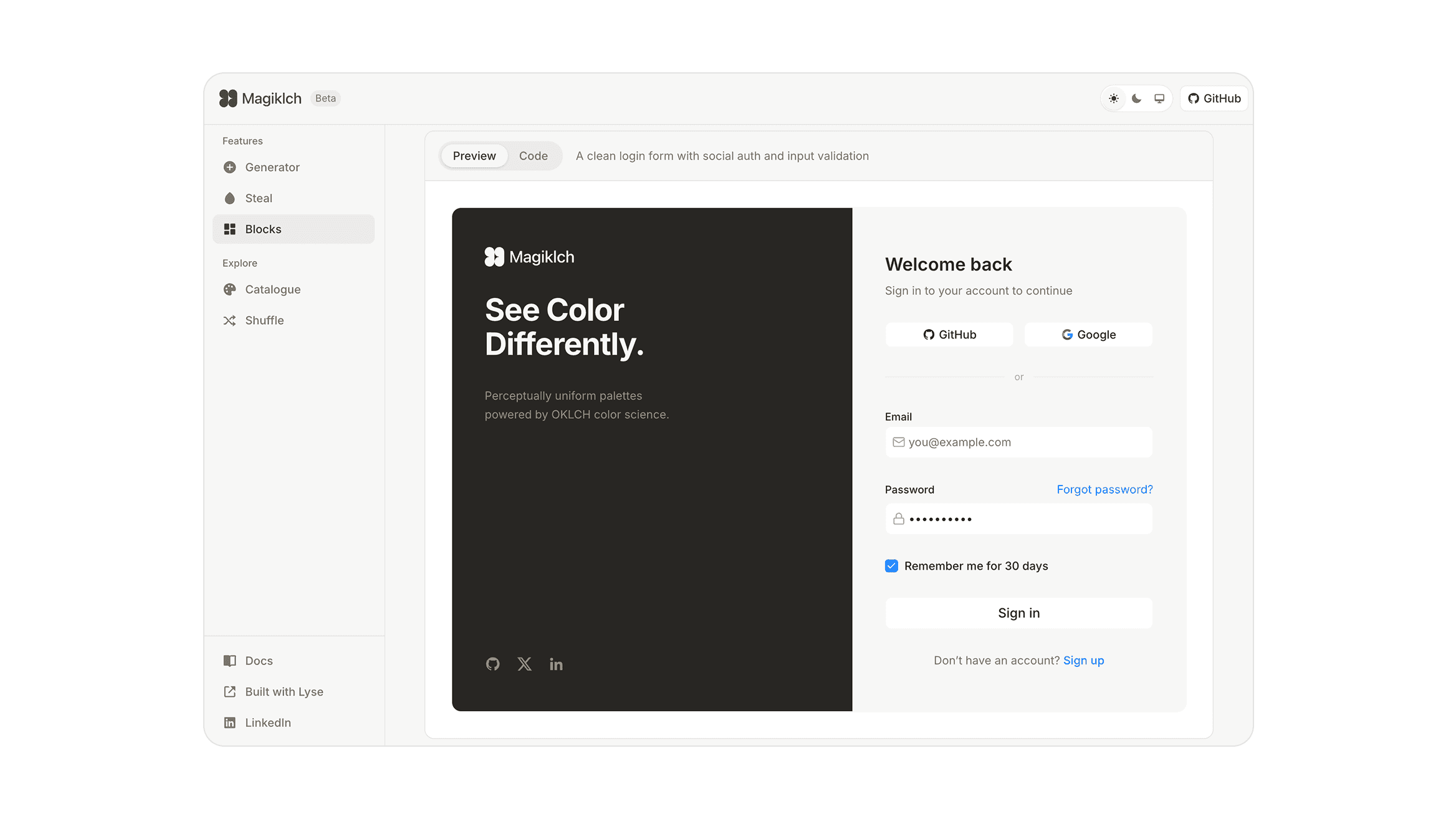 Magiklch Blocks feature showing a live UI preview with the generated palette