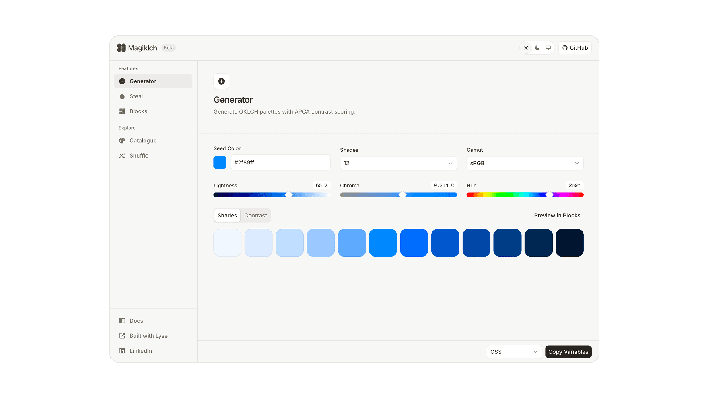Magiklch generator interface with OKLCH sliders and shade preview